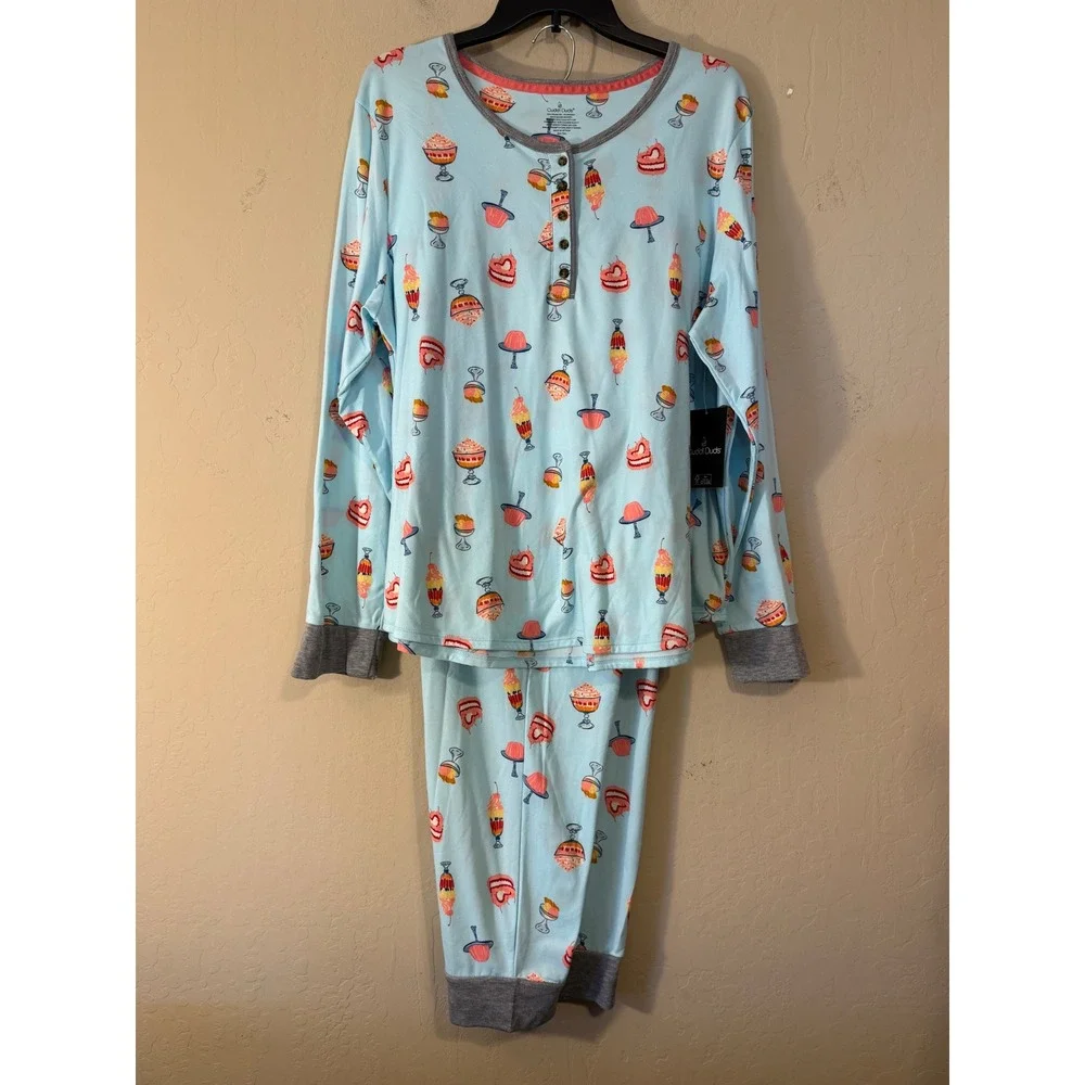 Cuddl‎ Duds Pajama Set Women XL Blue Dessert Print Henley Jogger Loungewear NEW